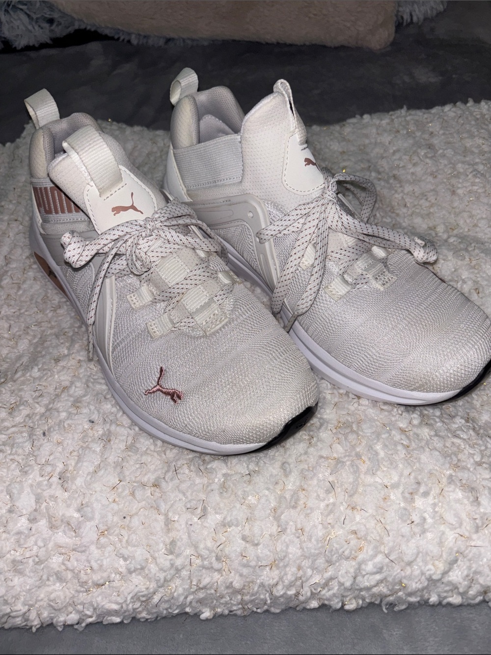 Puma White Knit Sneakers with Rose Gold Accents